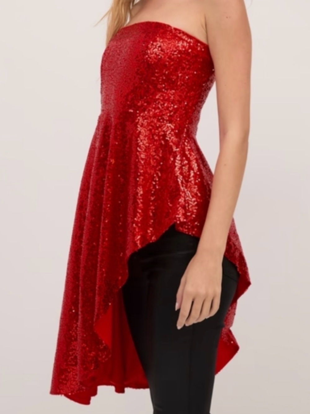 New York & Company Red Sequin Strapless High-Low Top